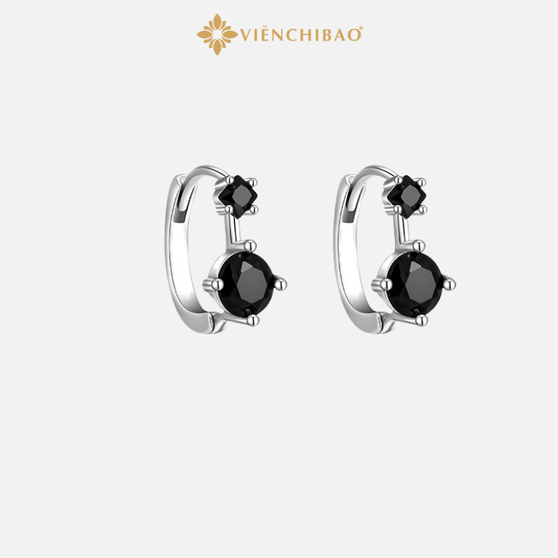 Bông Tai Vuông Tròn Đá Đen - Bạc S925 - Viễn Chí Bảo