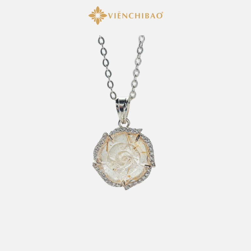 Mặt Dây Chuyền Bạc Nữ Hoa Mẫu Đơn Đá Thạch Anh Tóc Vàng Viễn Chí Bảo