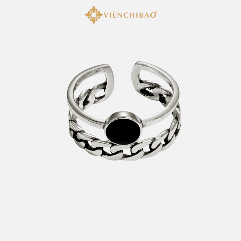 Nhẫn Bạc Nữ Xích Đá Tròn Đen - Bạc S925 - Viễn Chí Bảo