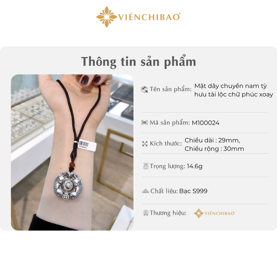 Mặt dây chuyền nam tỳ hưu tài lộc chữ phúc xoay