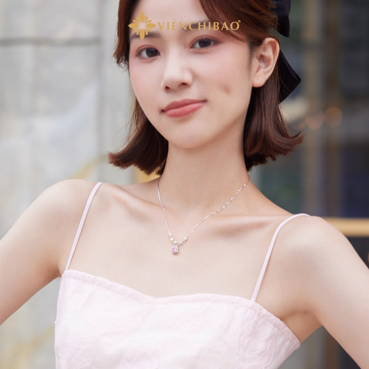 Dây Chuyền Đá Hồng Vuông