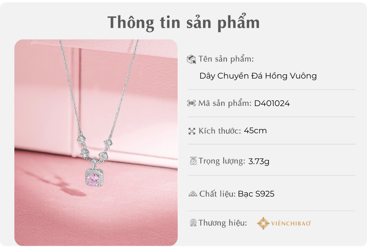 Dây Chuyền Đá Hồng Vuông