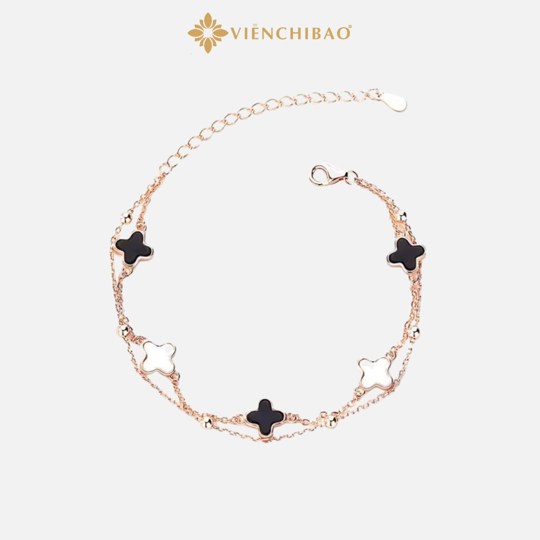 Lắc tay cỏ 4 lá xi vàng hồng đá đen trắng - Viễn Chí Bảo