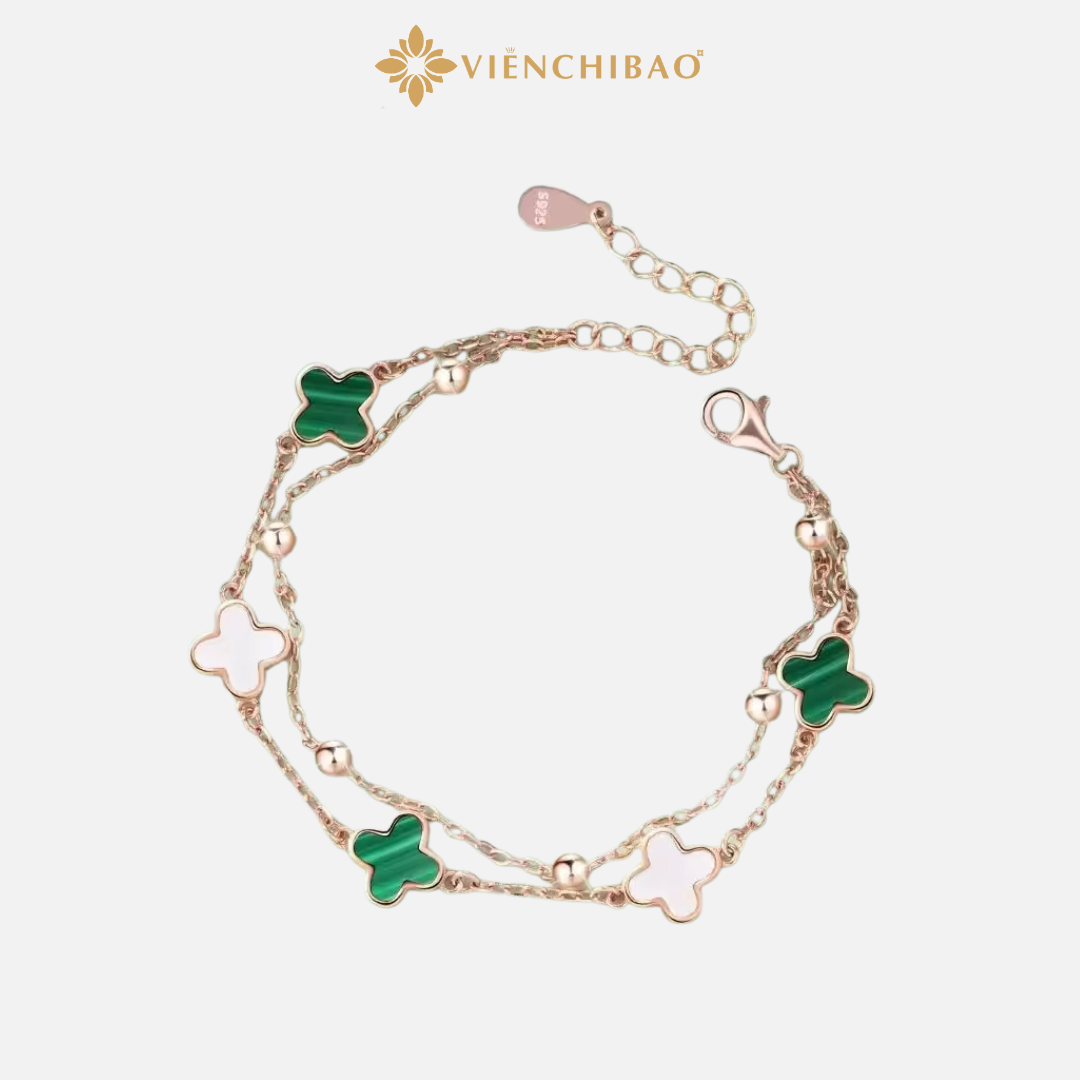Lắc Tay Cỏ 4 Lá Xi Vàng Hồng Đá Xanh Trắng - Viễn Chí Bảo
