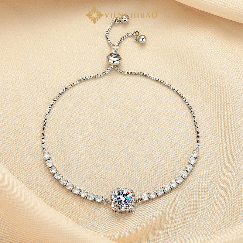 LẮC TAY ĐÁ TRÒN DẠNG XÍCH DÂY RÚT - BẠC Ý S925 Lắc Tay Đá Tròn Dạng Xích Dây Rút - Bạc Ý S925