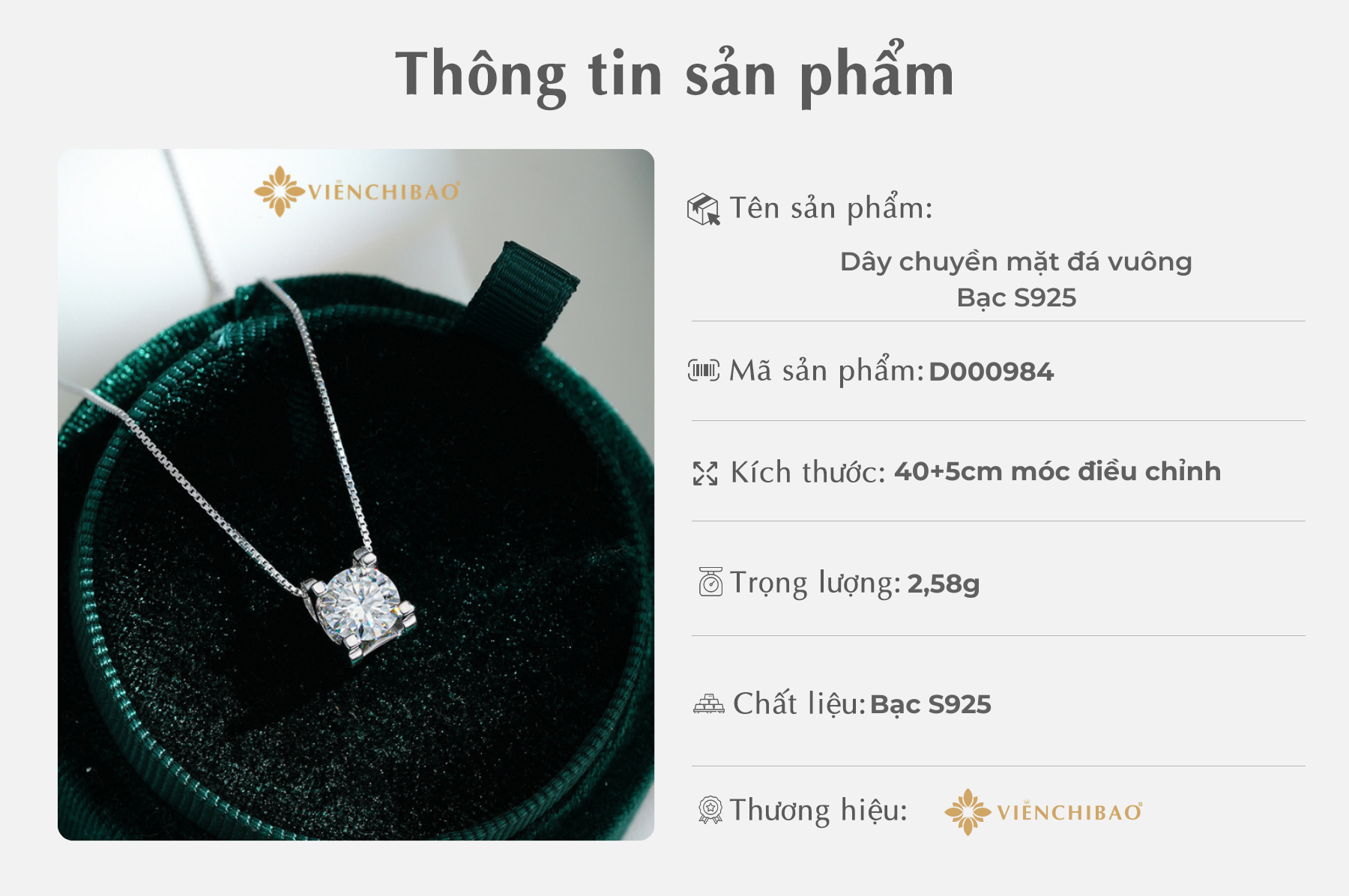 Thông tin sản phẩm dây chuyền mặt đá vuông