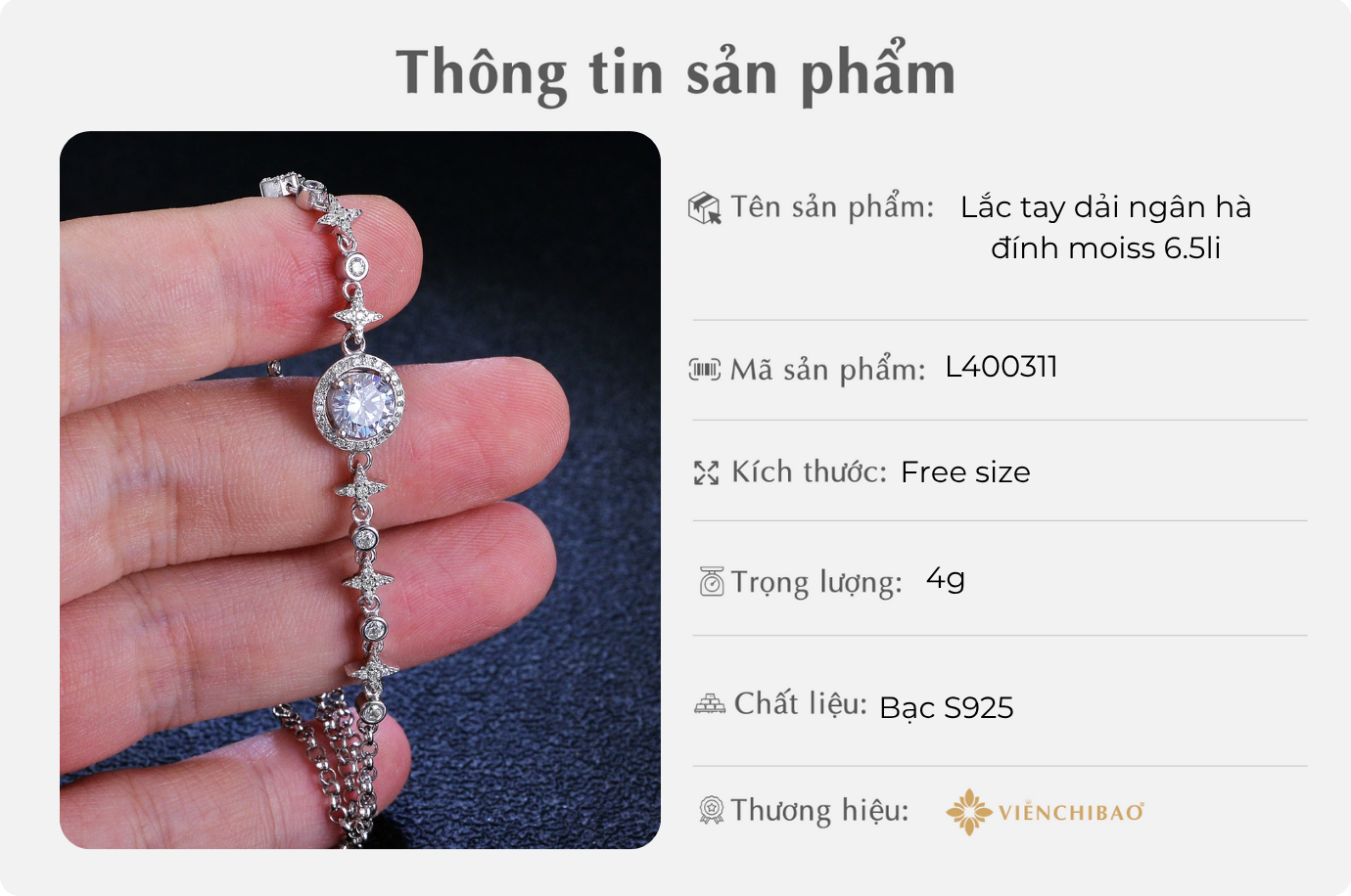 Lắc tay dải ngân hà đính moiss 6.5li