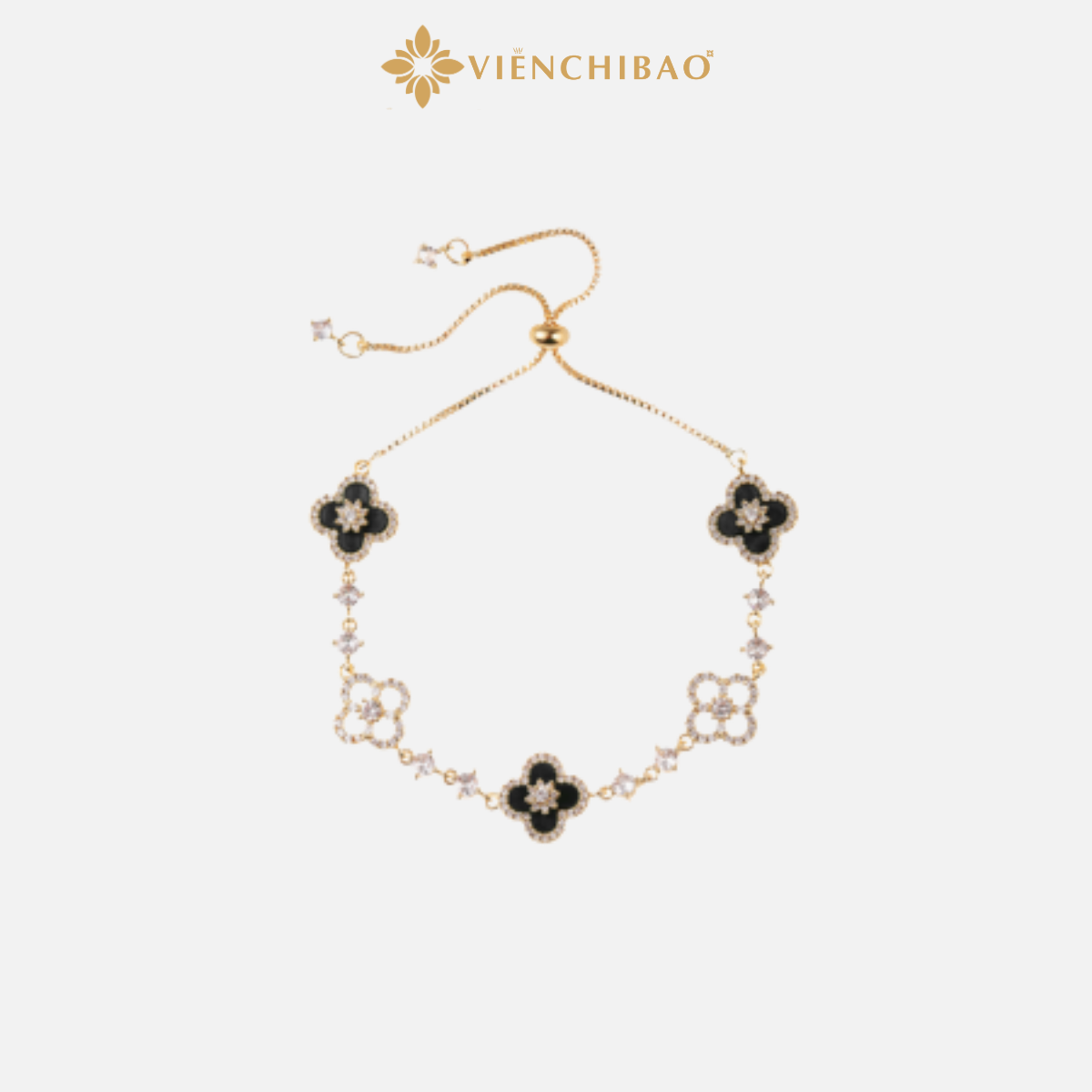 Lắc tay cỏ 4 lá đá đen đính đá - Viễn Chí Bảo