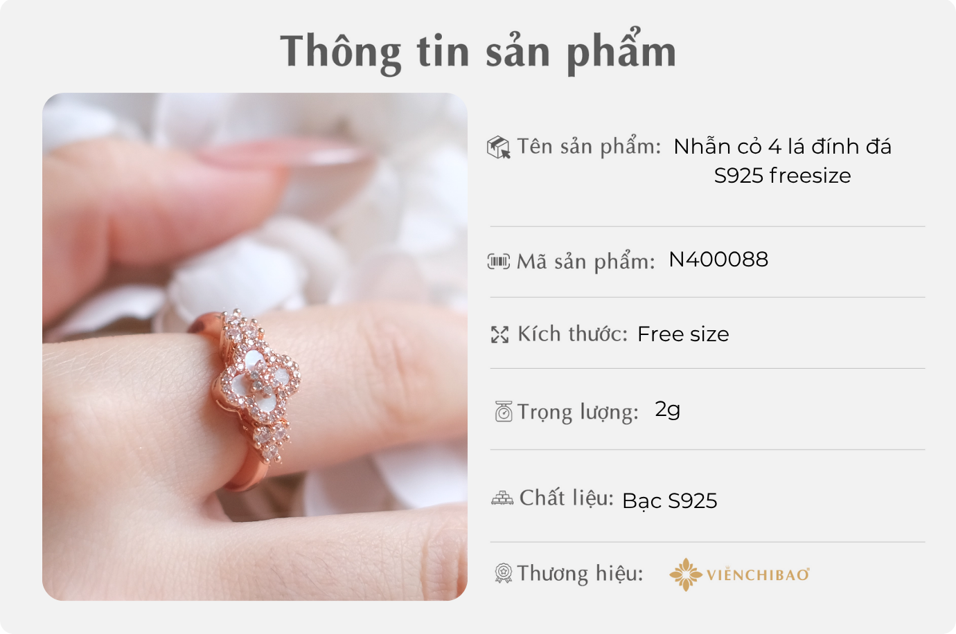 Nhẫn cỏ 4 lá đính đá S925 freesize