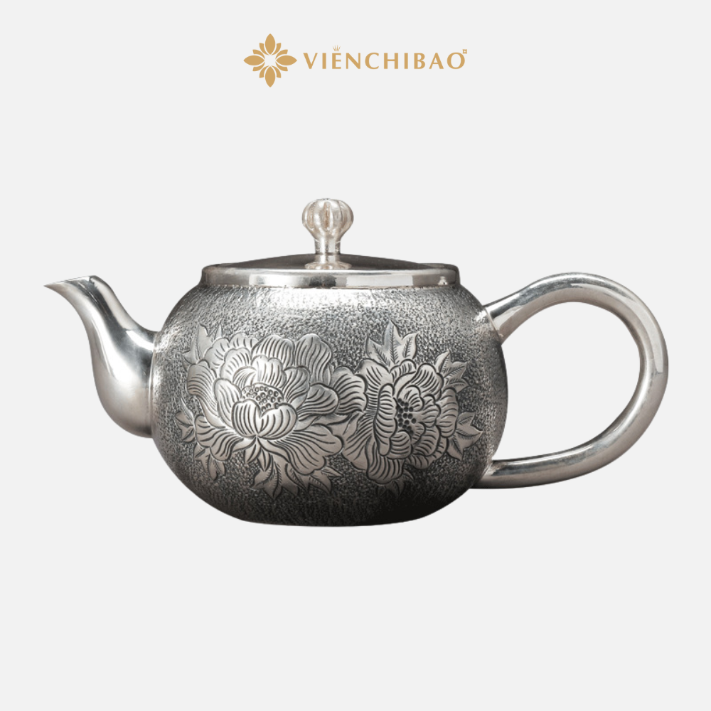 Ấm Trà Hoa Mẫu Đơn Bạc S999 - Viễn Chí Bảo
