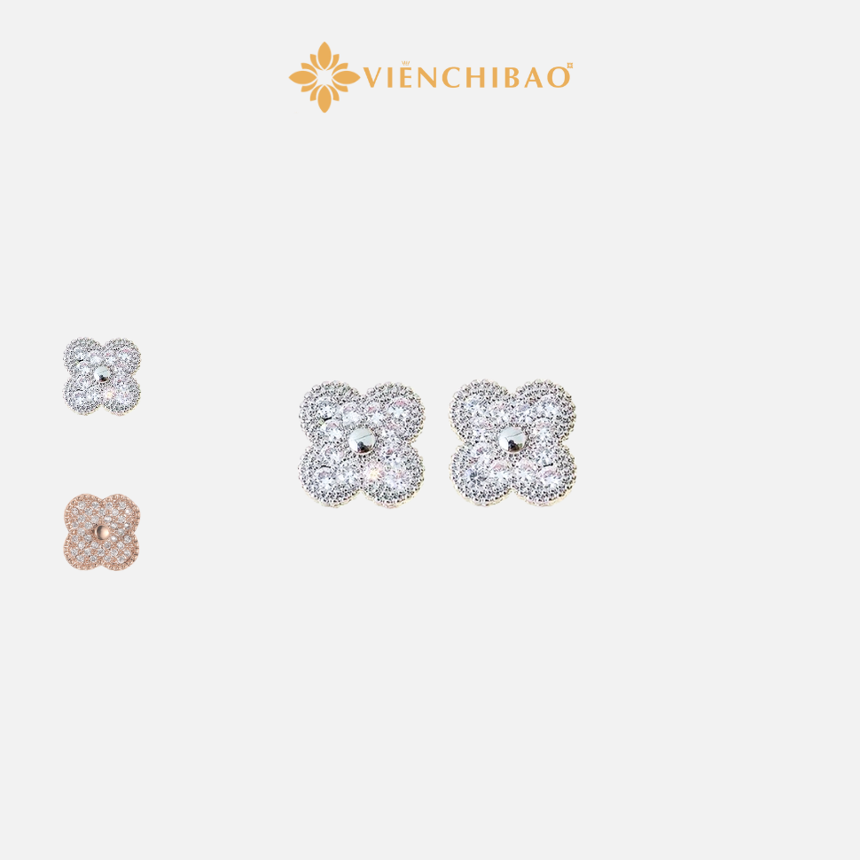 Bông tai cỏ 4 lá đính đá viền bi S925 - Viễn Chí Bảo