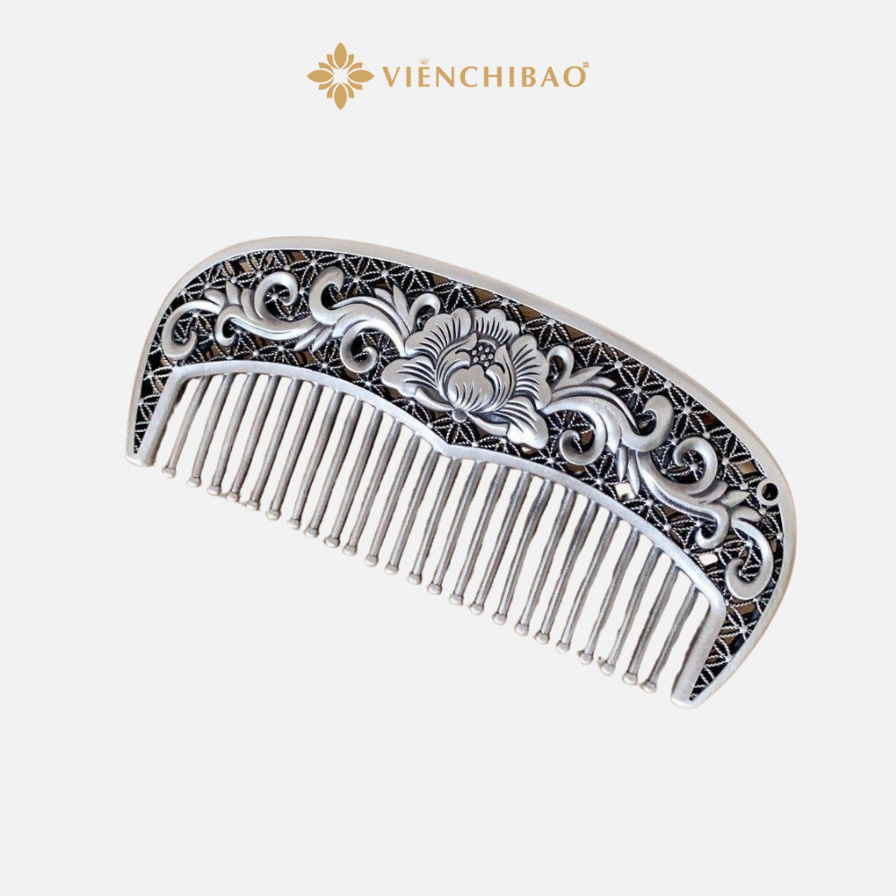 Lược Bạc Nguyên Chất S999 Họa Tiết Hoa Mẫu Đơn Cổ Điển - Viễn Chí Bảo
