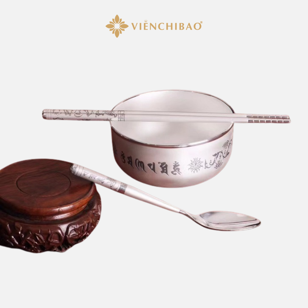 Bộ bát đũa thìa bạc S999 Lục Tự Đại Minh Chân Ngôn - Viễn Chí Bảo