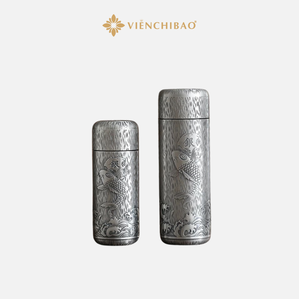 Bình Giữ Nhiệt Bạc S999 Họa Tiết Cá Chép Vượt Vũ Môn - Viễn Chí Bảo