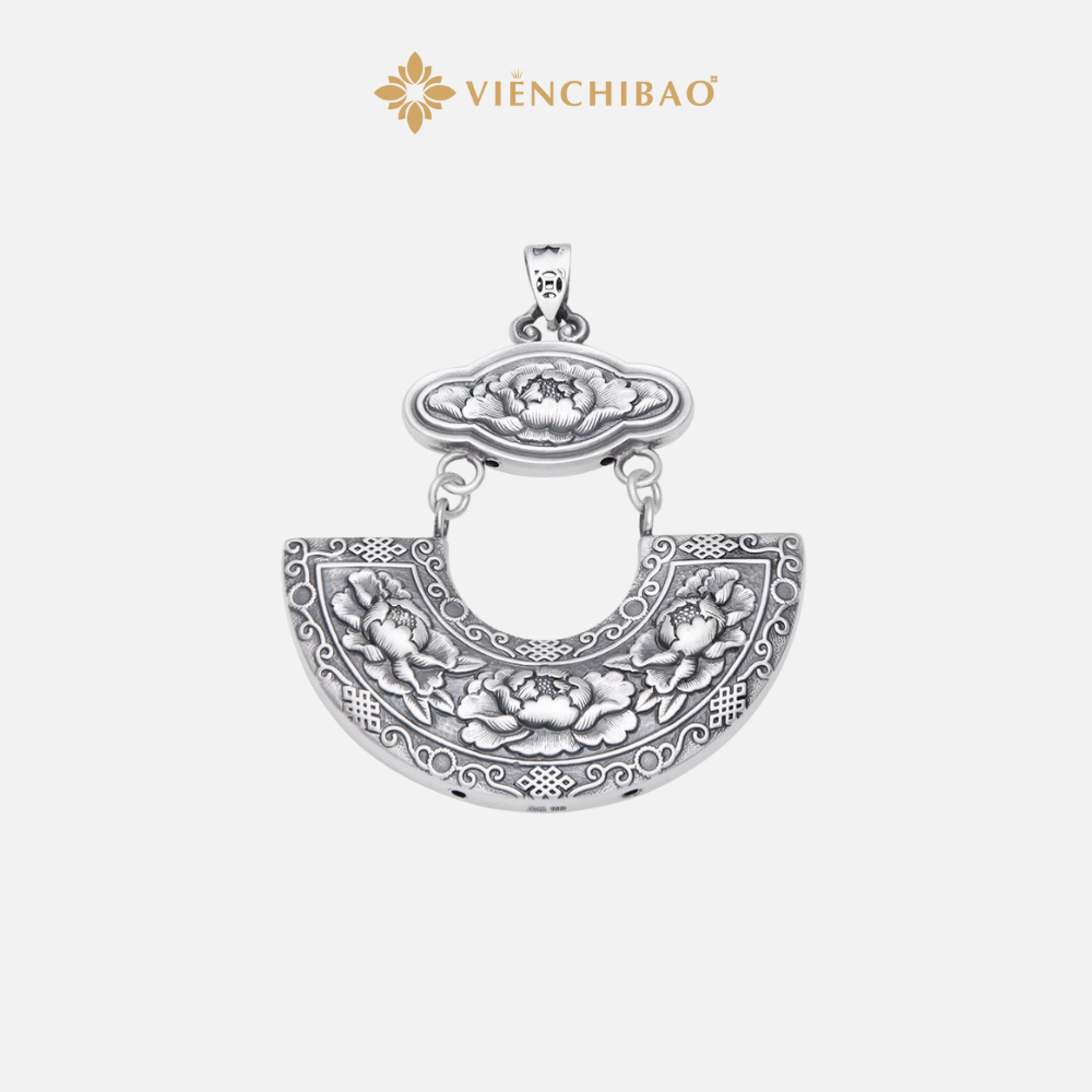 Mặt Dây Chuyền Bạc S999 Khóa Trường Mệnh Họa Tiết Hoa Mẫu Đơn - Viễn Chí Bảo