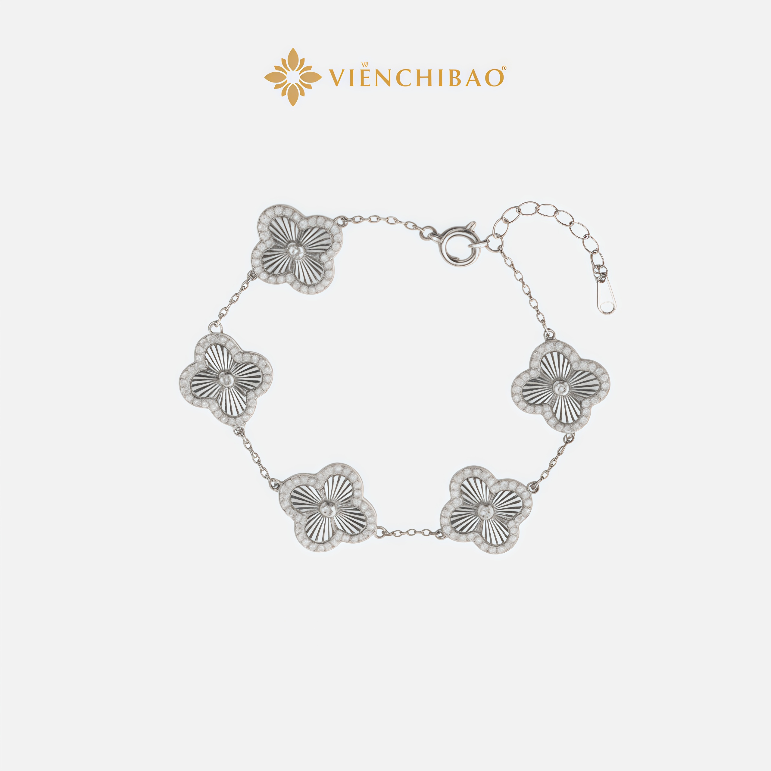 LẮC TAY CỎ 4 LÁ PHAY XI KIM ĐÍNH ĐÁ S925 - VIỄN CHÍ BẢO - L400186